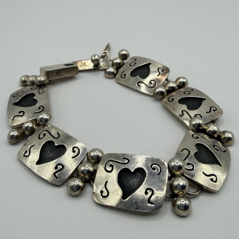 Vintage 925 Sterling Silver Heart Panel Link Bracelet 33.5g Southwestern